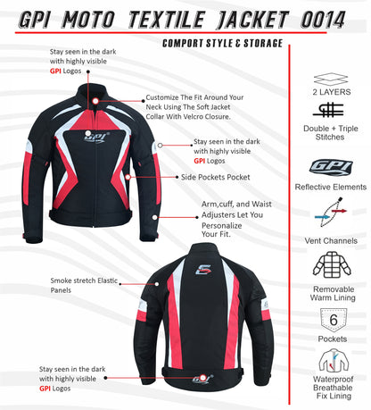 Men’s High Premium Quality All Season 4 Pockets Waterproof Motorcycle Black/Red & White Jacket